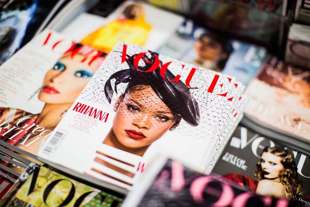 Pile of Vouge covers with Rihanna’s cover on top