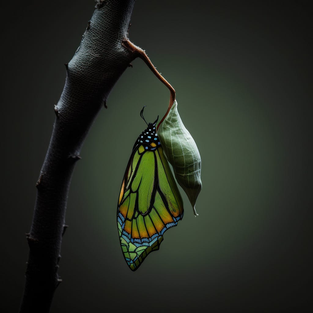 chrysalis with butterfly. metamorphosis. generative ai