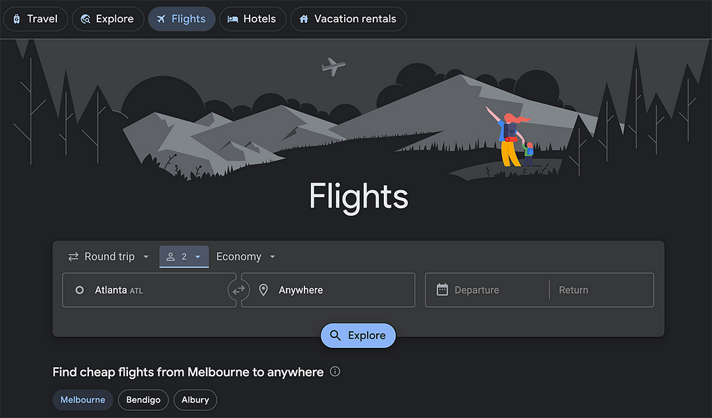 google flights anywhere search screenshot