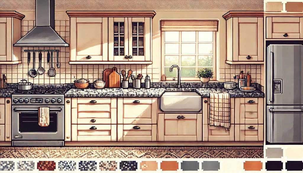 Pixel art of a modern kitchen featuring granite worktops. The countertops have a smooth, polished surface with natural stone patterns. The kitchen includes cabinets, a sink, and cooking utensils, creating a realistic setting. Warm and neutral colors enhance the beauty and functionality of the kitchen. A window in the background shows a sunny view, adding to the welcoming atmosphere.