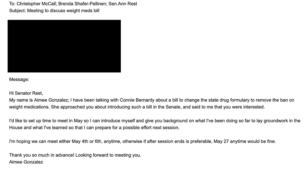 Screenshot of an email Aimee wrote to a state Senator asking for a meeting.