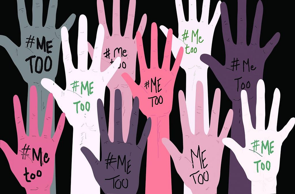 There are ten different color hands and writing metoo inside the hands.