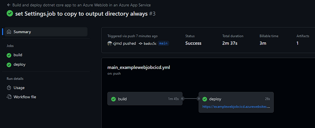 A screenshot of the successful pipeline run in GitHub Actions, after the new change is committed