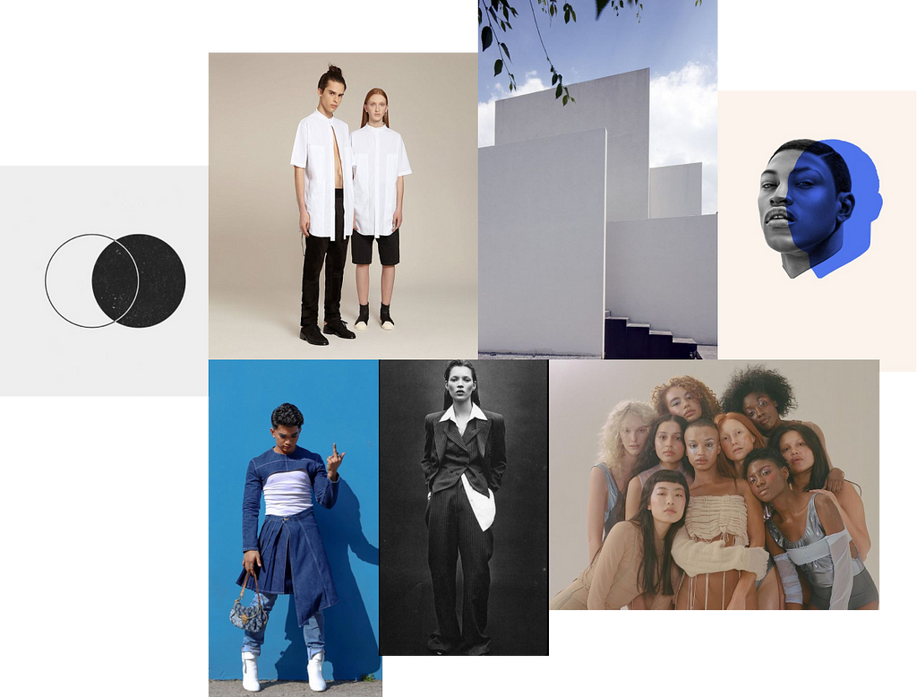 Moodboard representing the brand attributes, minimalist art, a photograph with one couple with the same clothes, photograph with minimalistic architecture, art with a man with a blue shadow, photograph of nonconforming man with jeans clothes, a photograph of a woman using man clothes and a photography of a group of women with different types and styles