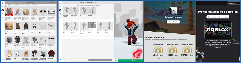 Exemples d’éléments que l’on peut acheter pouvant habiller et animer un avatar dans Roblox, cheveux, vêtements, poses diverses