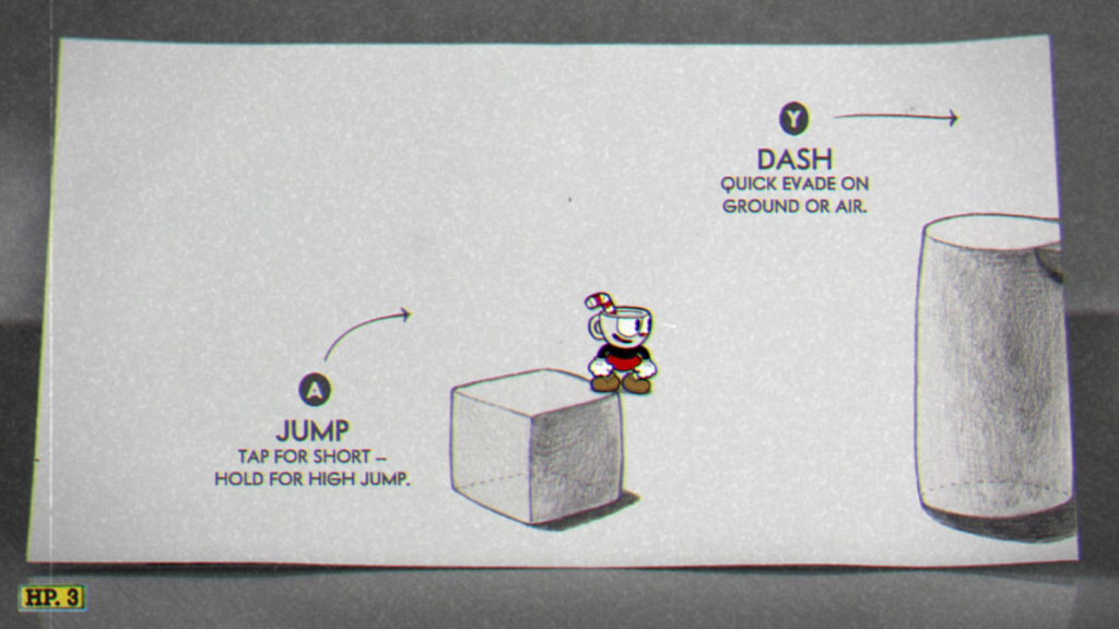 Tutorial screen with paper-style illustrations over which the character moves, showing instructions.