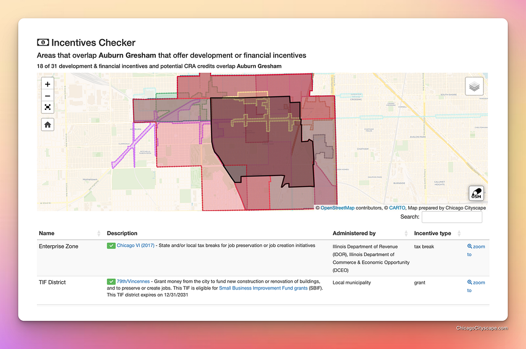 screenshot of the map of incentives in Auburn Gresham