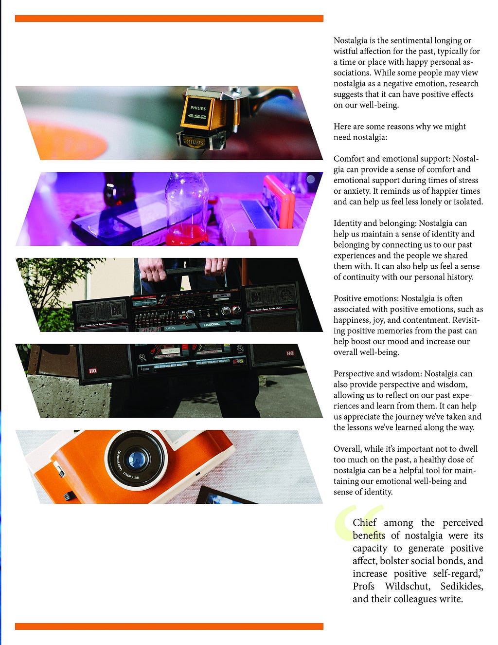 Magazine Page Spread Stacked Photos of A Record Player, Two Of A Boombox, And The Last Photo A Manual Camera, In A Stack To The Left of A Column Of Text