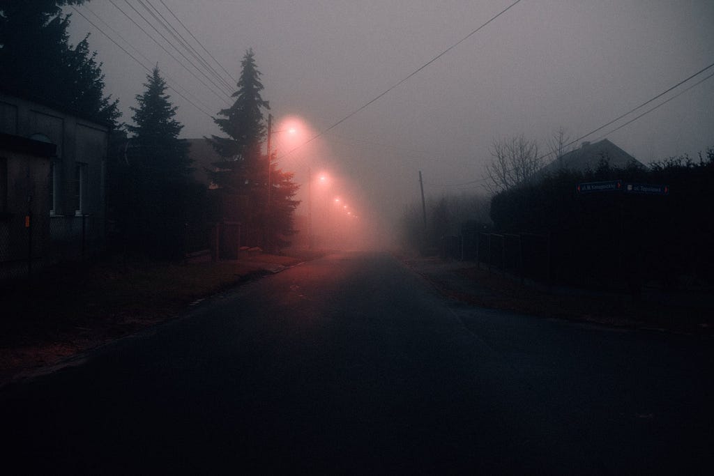 Gray Asphalt Road with Fog during Night Time.