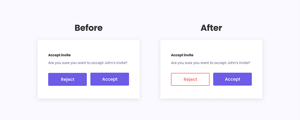 Before after of accept invite with proper priority of CTA usage.
