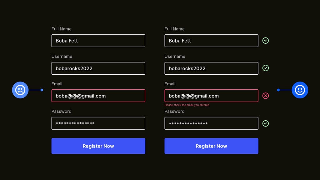 Two form design examples. One with an email field error showing just a red border, and the other with border plus an error icon and short message
