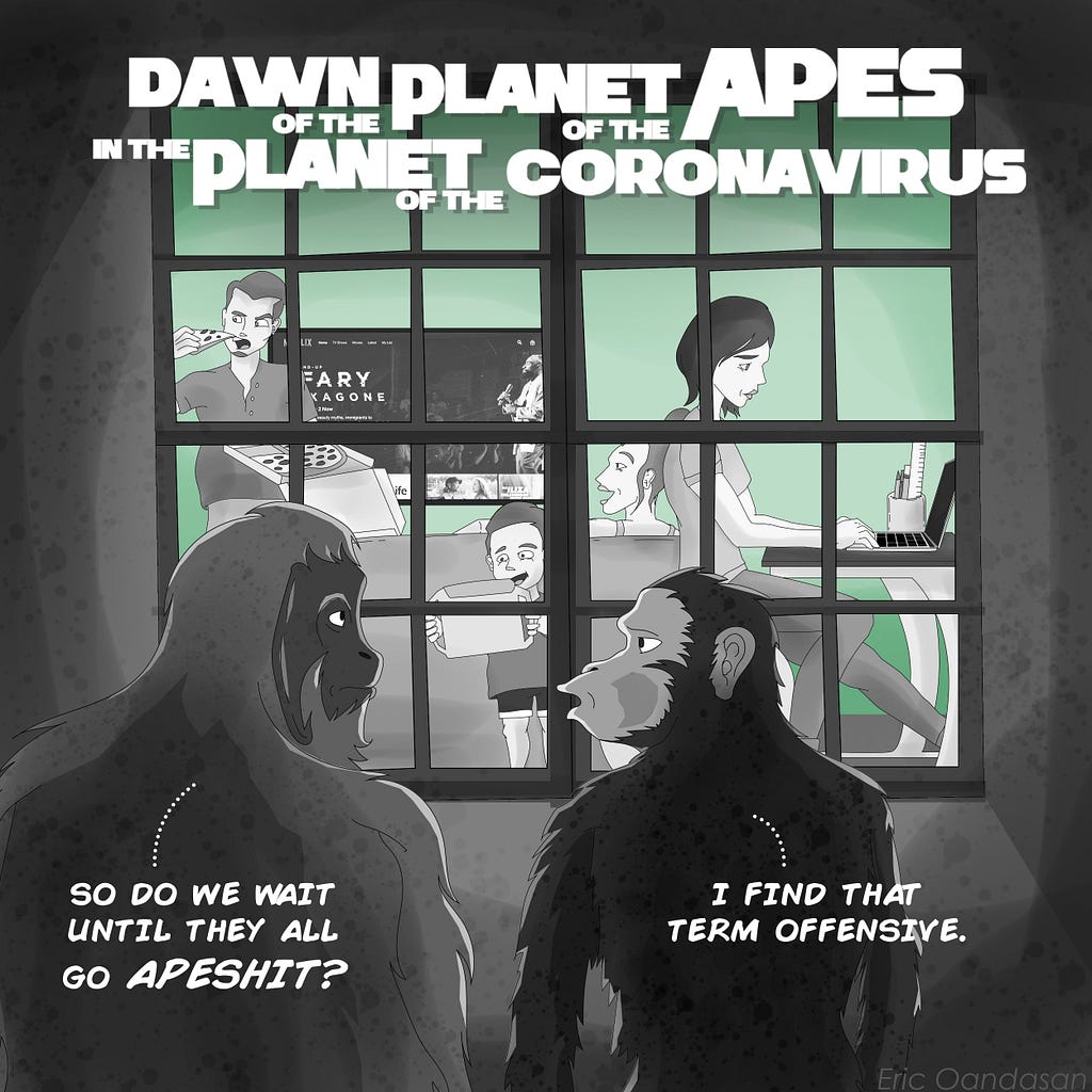 planet of the apes cartoon. apes looking into people’s windows.