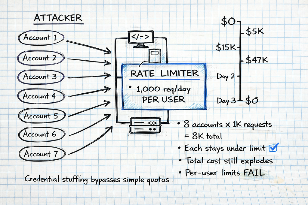 Hand-drawn diagram on graph paper showing how attackers bypass per-user rate limits by rotating through 8 compromised accounts, each staying under quota while total cost reaches $47,832.