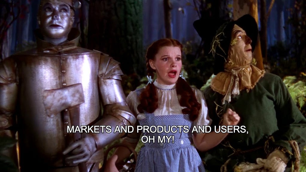 An scene from the Wizard of Oz with text reading, “Markets and Products and Users, Oh My!” overlayed.