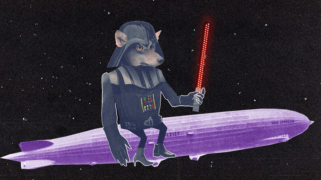 Image description: A wolf wearing a Darth Vader costume and carrying a light saber rides a zeppelin through starry outer space.