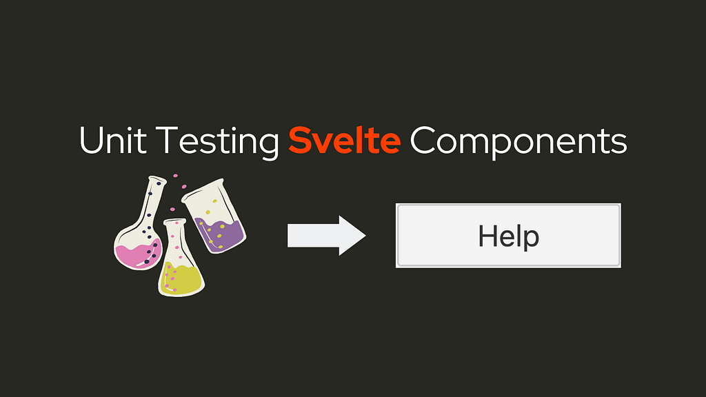 On top is a header that says Unit Testing Svelte Components. Below is a clip art of a beaker, and 2 flasks, followed by an arrow pointing to a button that says “Help”.