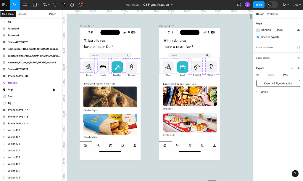 A Figma frame showing two mobile app displays for a food delivery app: a template, and another one created by a student.