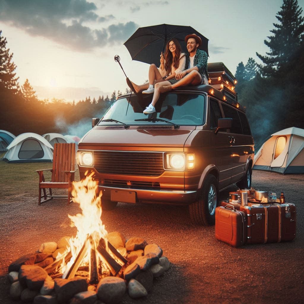 minivan campers cooking over a campfire at a campsite