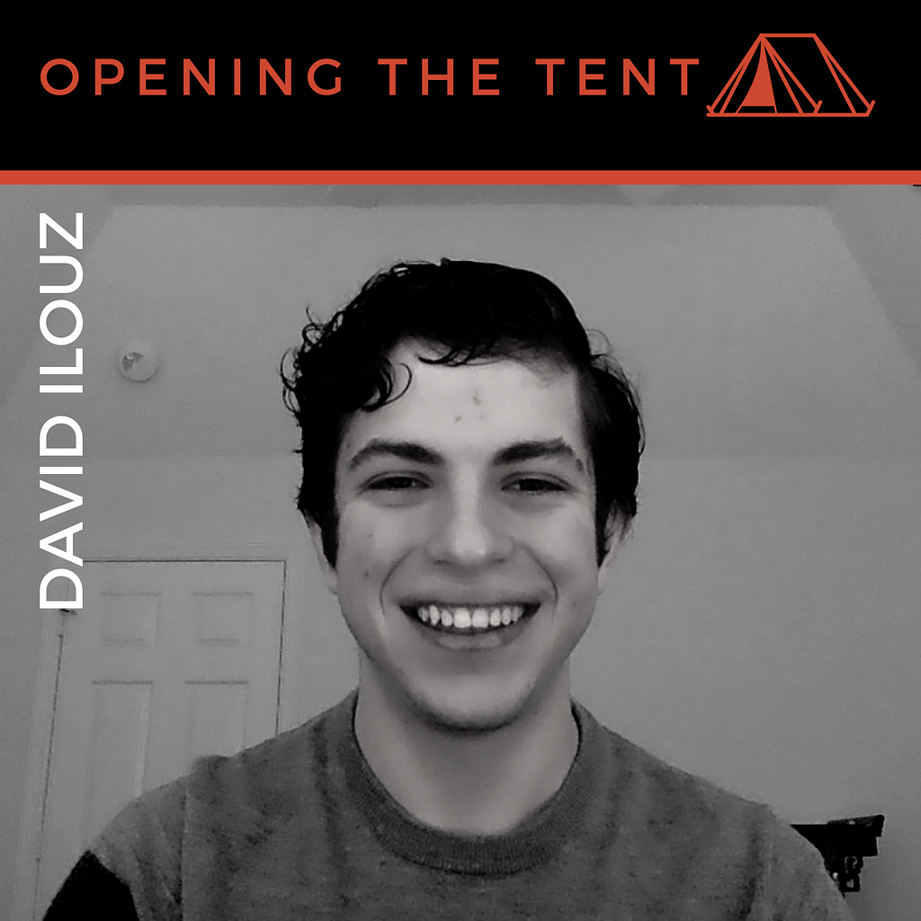 Black and white photo of David Ilouz, with orange Opening The Tent logo on top.
