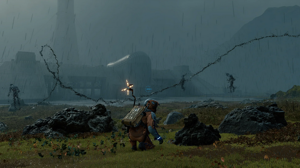 Sam kneeling on the floor in front of a line of connected BTs and their umbilical cords. The atmosphere is gloomy and dark, as the area is affected by Timefall.