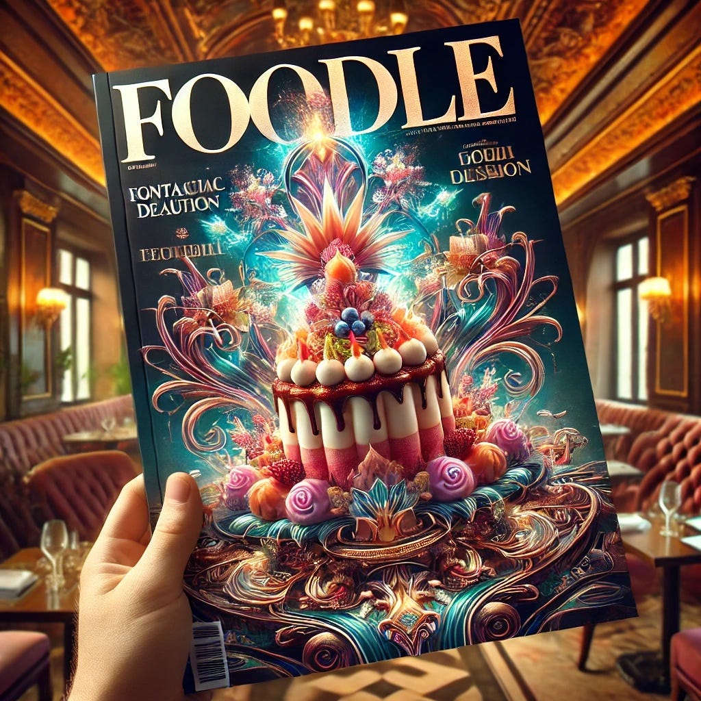 DALL-E 3 Prompts: Food Magazine Cover with Luxurious and Artistic Desserts / Broken Robot’s Last…