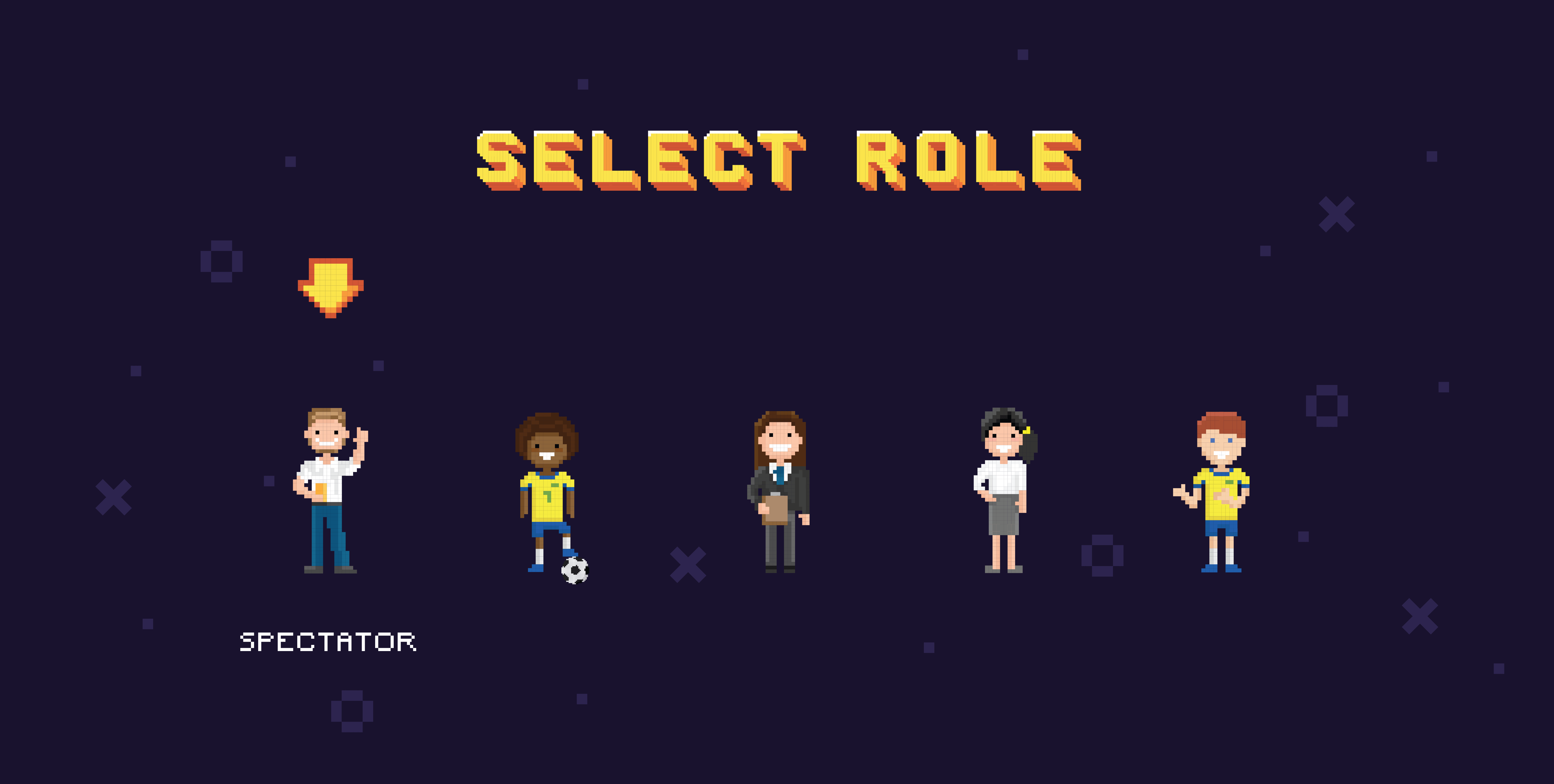 An animation of a retro video game with the words, “Select Role” rotating between characters
