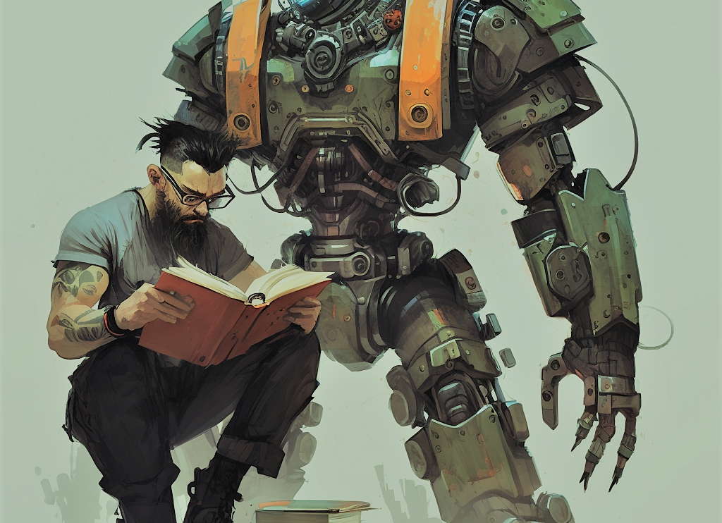 Inkpunk styled image of a man reading beside a robot