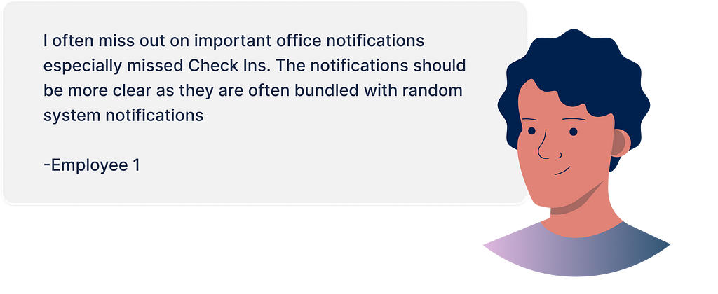 Employee 1 Pain Point — “I often miss out on important office notifications especially missed Check Ins. The notifications should be more clear as they are often bundled with random system notifications”