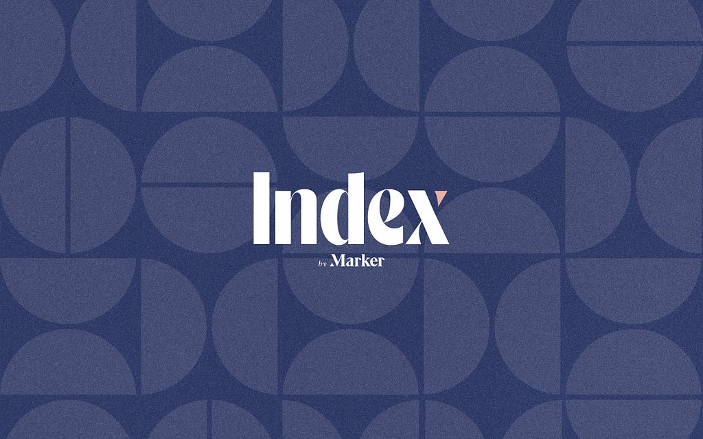 “Index by Marker” in a white logo design on a navy blue background with a pattern of bifurcated blue circles going across the image.