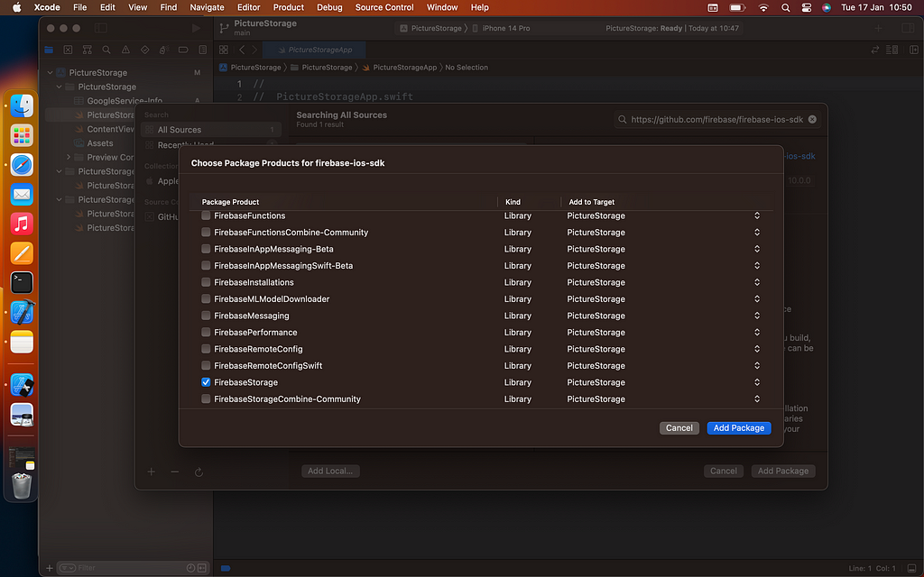 Screenshot of Xcode with Swift package manager