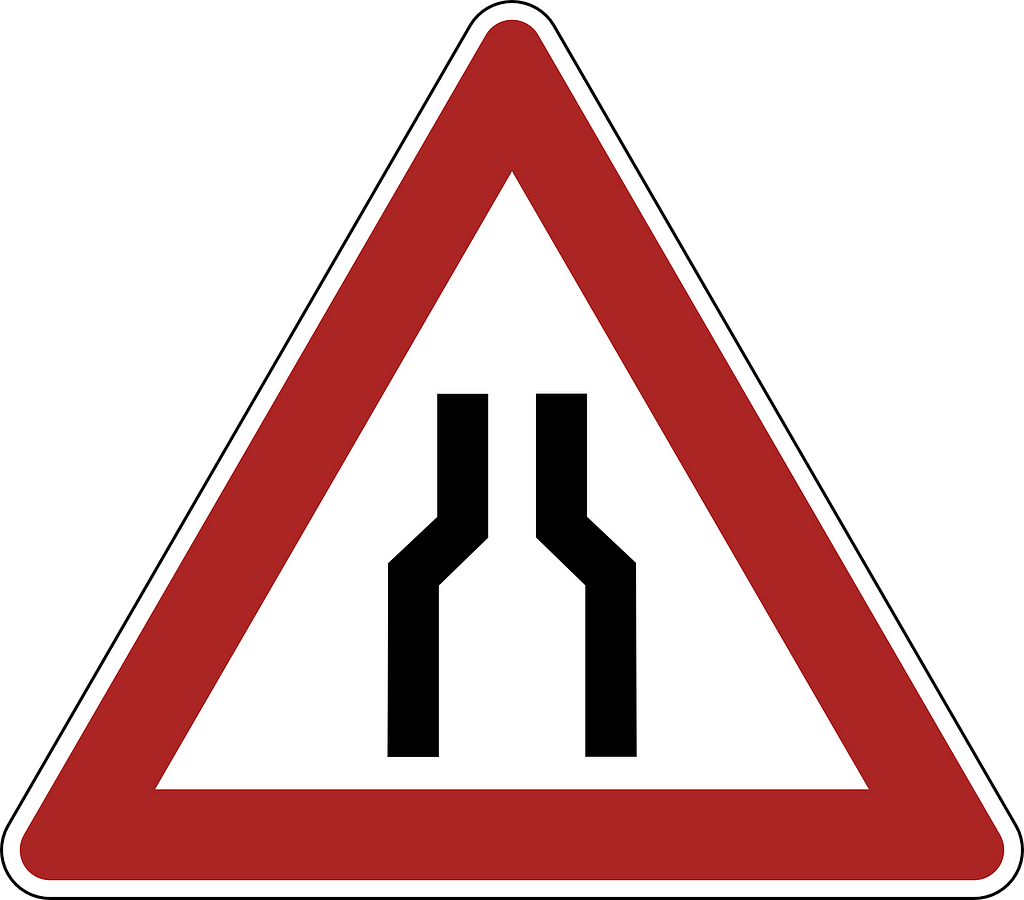 A road sign of a bottleneck. The road width shrinks.