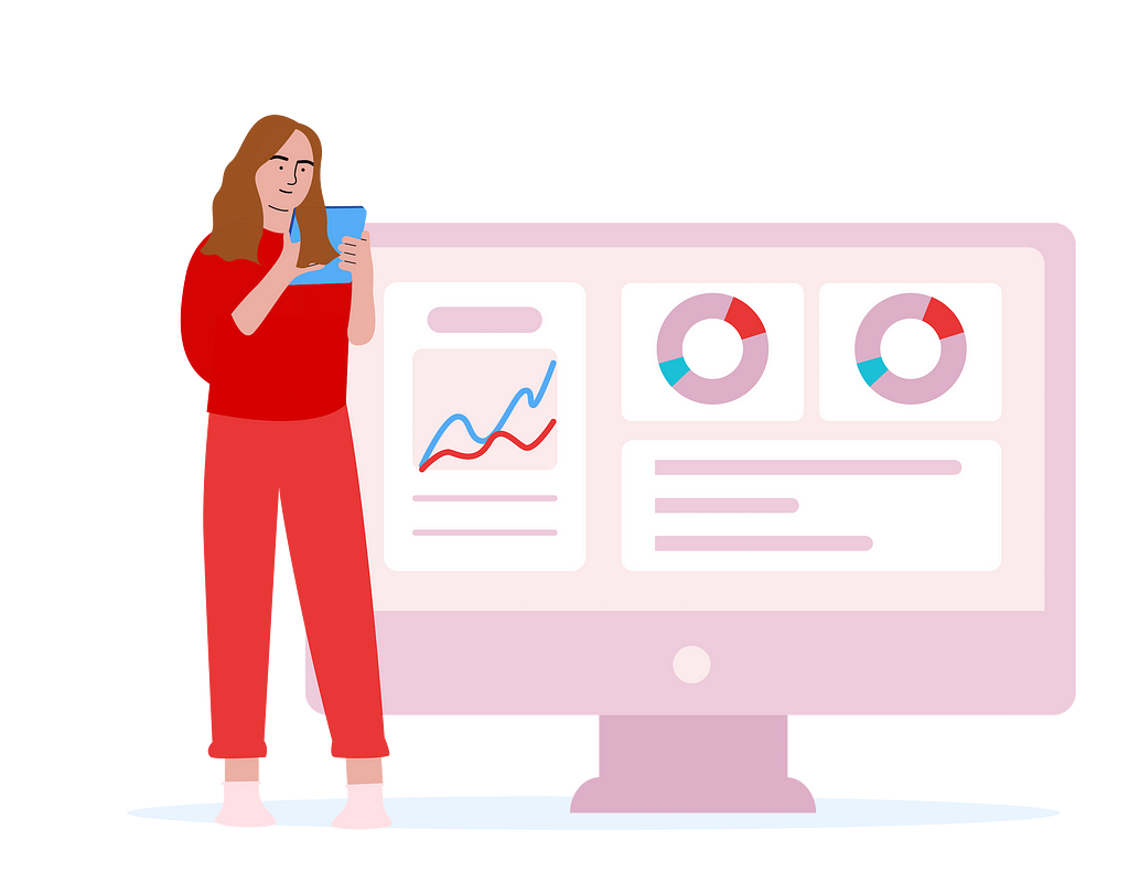 A woman stands by a monitor with data analysis graphs and charts.