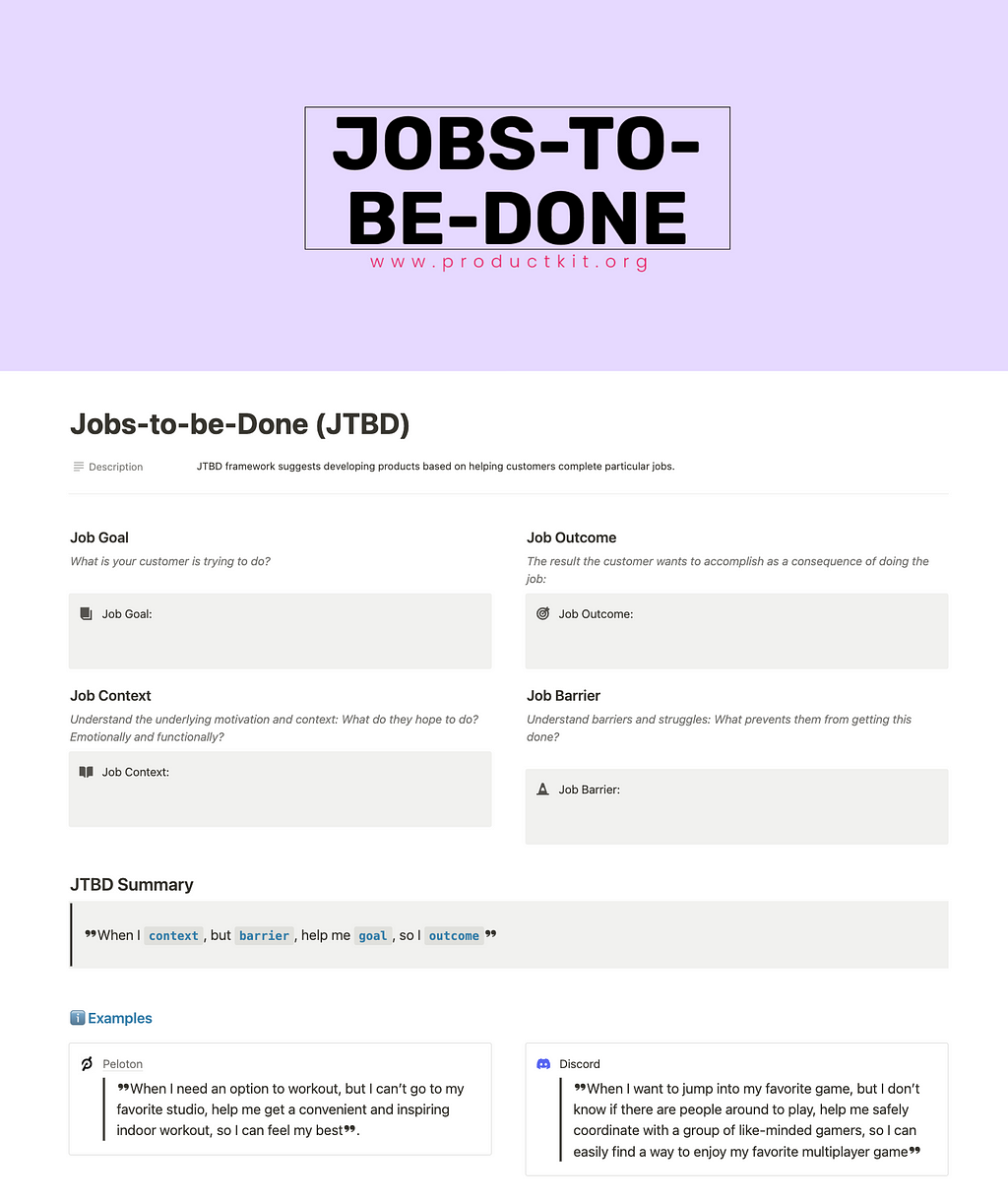 Image of Jobs-to-be-Done (JTBD) Notion Template which is a framework suggests developing products based on helping customers complete particular jobs.