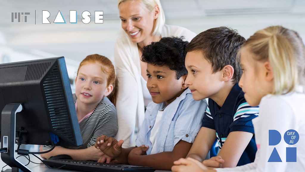 Photo of a teacher standing behind 4 upper elementary school students of different genders and ethnicities who are working on a desktop computer. MIT RAISE logo in top left corner and Day of AI logo in the bottom right corner.