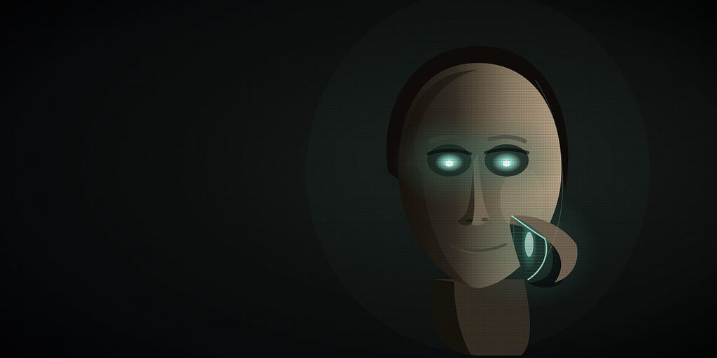 A haunting, dark illustration of a calm, ashen human face emerging from near-total blackness, its expression serene and faintly smiling. The eyes are hollow voids glowing a cold, sickly green, like a screen left on in an empty room. At the cheek, the skin has peeled away like a mask, curling outward, and cold machine-light with a glowing screen strip bleeds from the gap, revealing that the trusted human face is only a shell over a machine. Vast empty darkness fills the rest of the frame.
