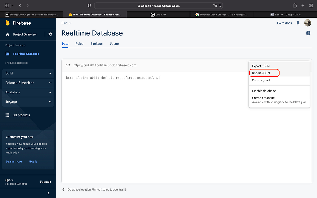 Screenshot of the realtime database section in Firebase console