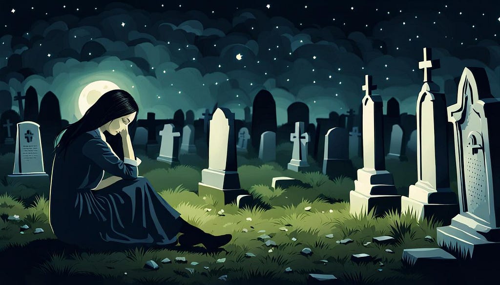 woman sitting in graveyard at night