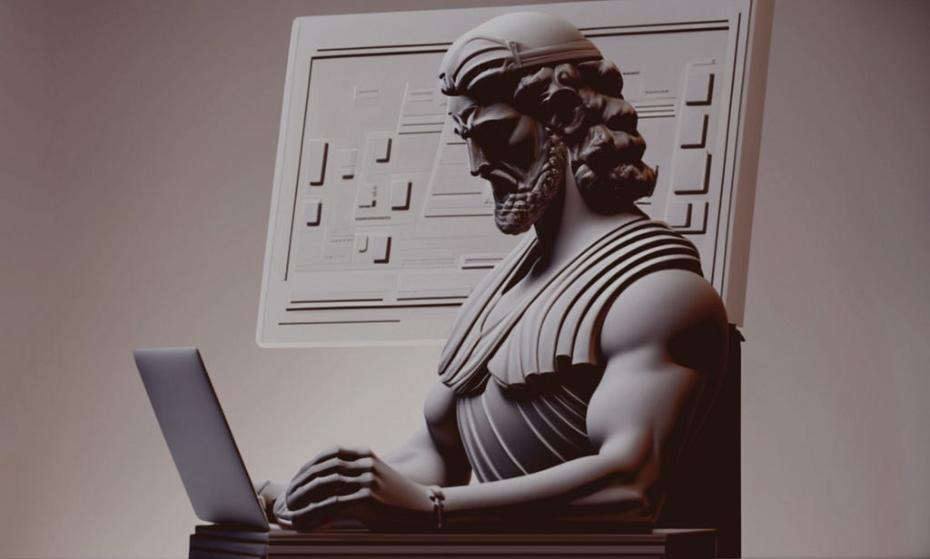 An AI generated figure of a men-sculpture sitting in front of the laptop