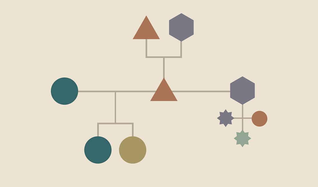 A graphic illustration with various shapes (circles, triangles, hexagons, and 8-pointed stars) in different colors connected by lines, suggesting the ideation process.