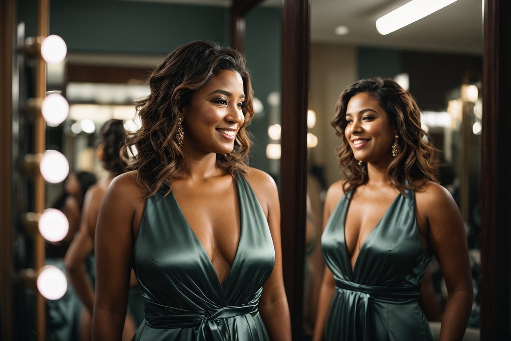 An elegant woman standing confidently at a mirror, her reflection revealing a form-fitting dress expertly disguising her belly fat, her smile radiating self-acceptance and body confidence.