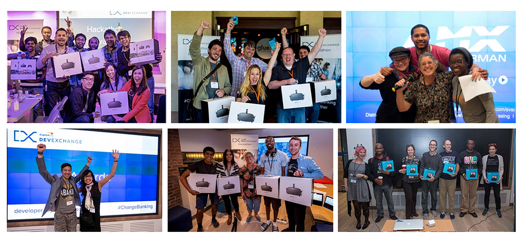 Six photo grid of groups of people smiling and waving their hands, holding prizes in big boxes.