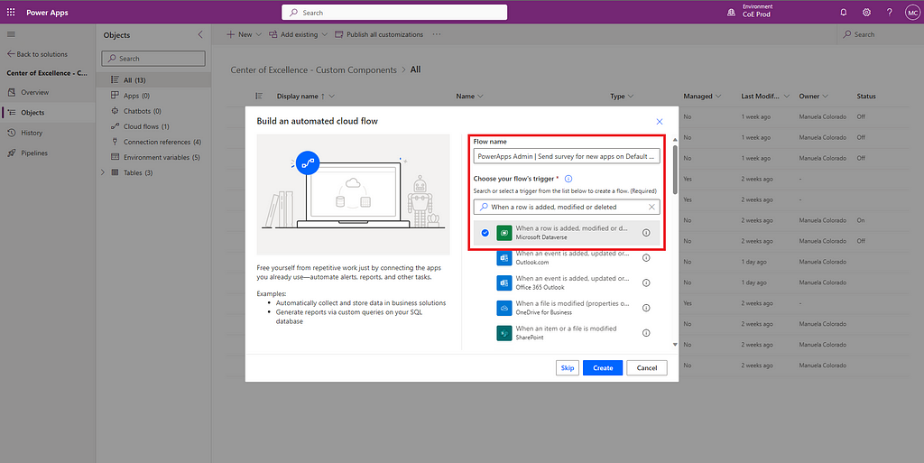Creation of flow PowerApps Admin | Send survey for new apps on Default environment