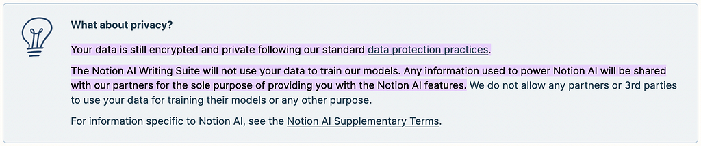Notion AI’s privacy disclaimer