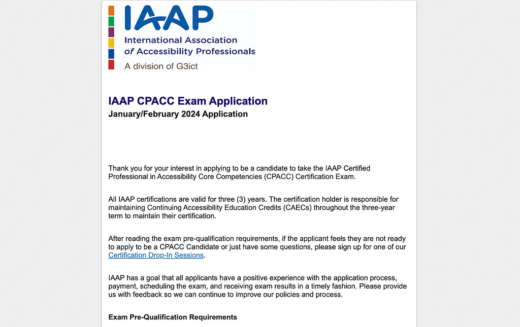 Image showing the beginning of the IAAP CPACC Exam Application for the January through February 2024 Exam Session.