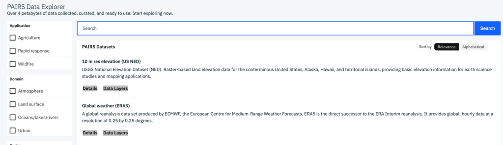 screenshot of available Geospatial Analytics. Different datasets available include weather, wildfire, agriculture, etc.