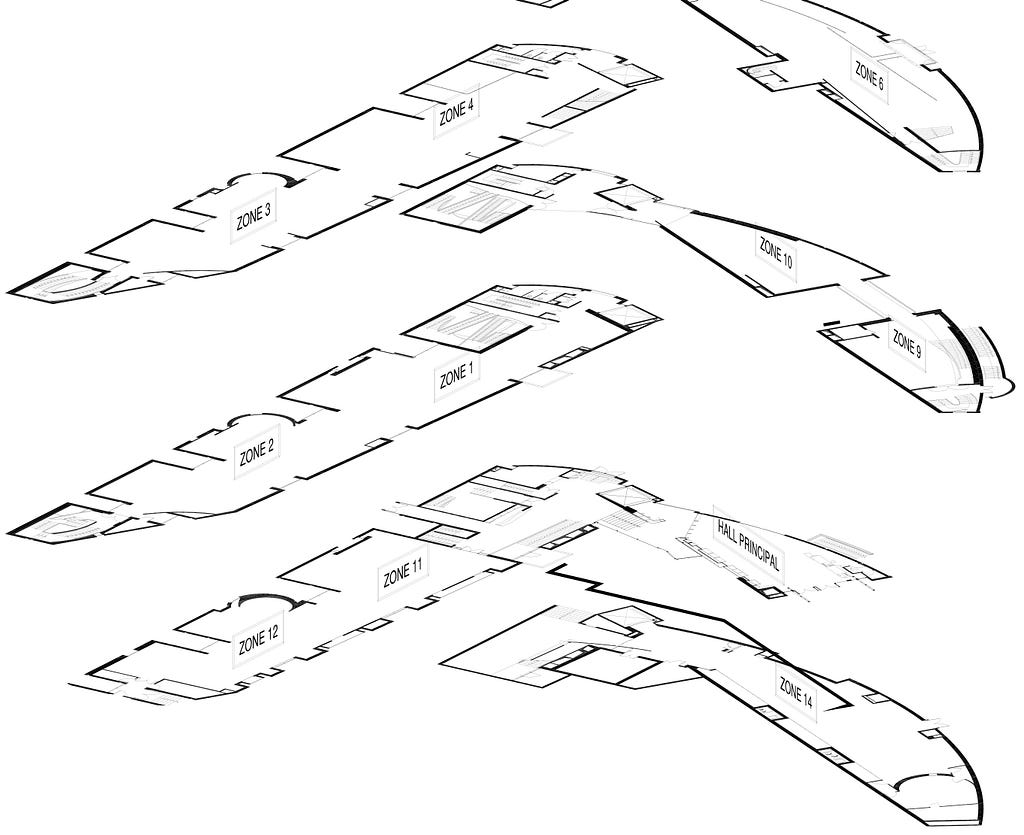 A set of three black and white architectural sketches depicting a top-down view of Music Museum layout. The plans show interconnected zones labeled from 1 to 14, with hallways and rooms arranged in a flowing, organic design