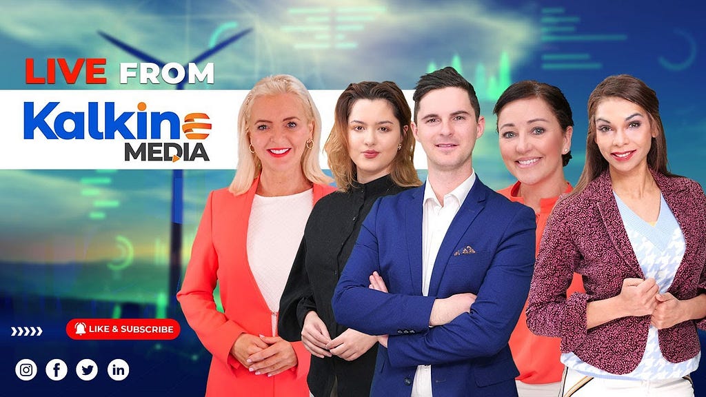 Image reading “Live from Kalkine Media” with five reporters lined up next to each other. There is a red call to action on the bottom left reading “Like and subscribe” with the logos of Instagram, Facebook, Twitter and LinkedIn.