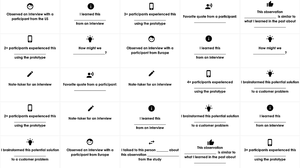 Example of a remote UX research bingo board