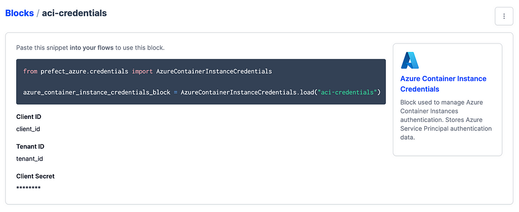 A screenshot of a completed and saved Azure Container Instance Credentials block