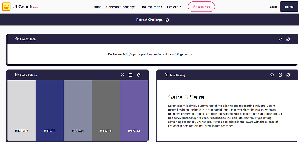 There is a challenge described: Design a website/app that provides on-demand babysitting services. There is also a color palette and font generated for this challenge.